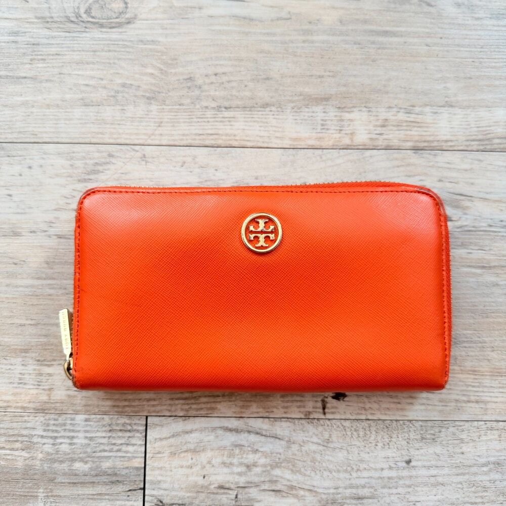 Tory Burch Robinson Zip Continental Wallet Orange Saffiano Leather Gold Logo